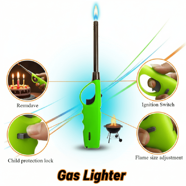Refillable Gas Lighter with Adjustable Flame, Child Proof Safety Trigger, Comfortable Grip – Perfect for Gas Cooker, Cooking, Grilling, and Lighting Candles