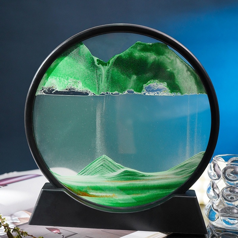 3D Moving Sand Art Picture – Round Glass Deep Sea Sandscape Hourglass Quicksand Craft Flowing Sand Painting for Office and Home Decor Gift