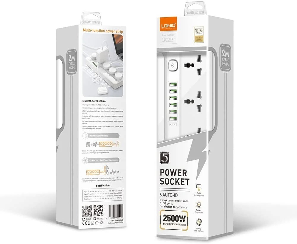 LDNIO 05 Sockets & 06 USB Extension Cord with UK Plug – 2m Extension Power Cord